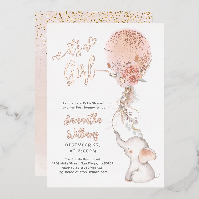It's a Girl Simple Elephant & Balloon Baby Shower (Front/Back)