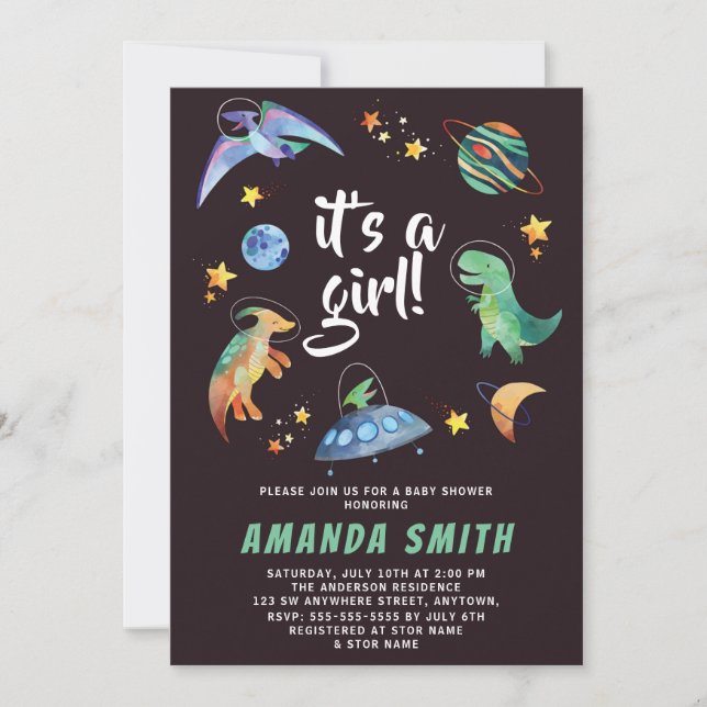 It's a Girl Space Dinosaur Galaxy Baby Shower Invitation (Front)