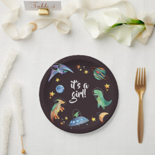 It's a Girl Space Dinosaur Galaxy Baby Shower Paper Plate