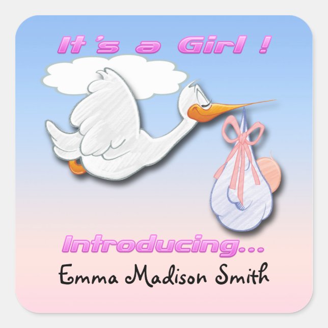 It's a Girl Stork Birth Announcement envelope seal (Front)