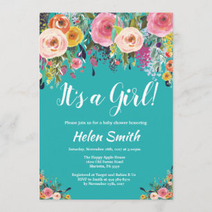 It's A Girl Teal Floral Baby Shower Invitation