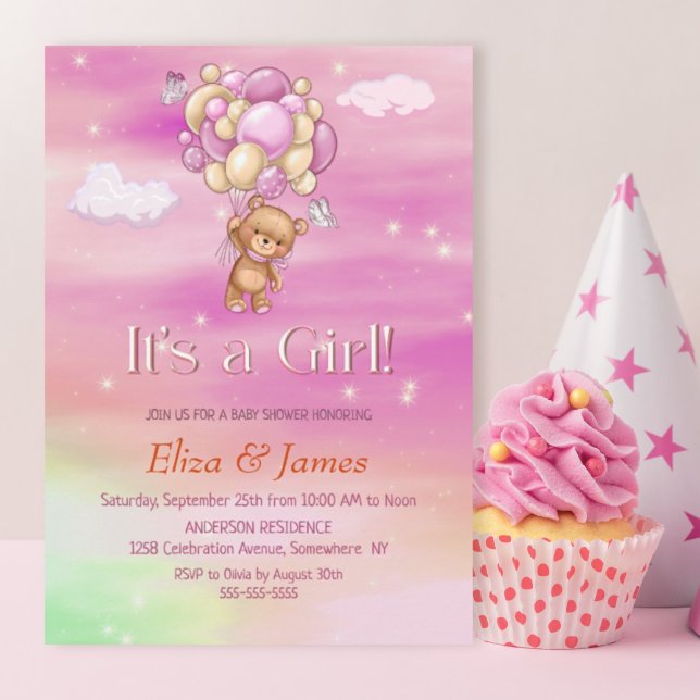 It's a Girl! Teddy Bear Pink Balloons Baby Shower Invitation (Creator Uploaded)