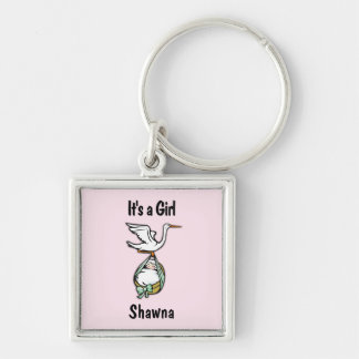 It's a Girl the Stork is Bringing Add Custom Name Keychain