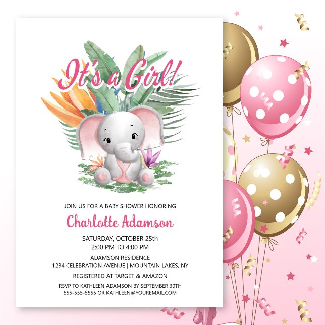 It's a Girl! Tropical Baby Elephant Baby Shower Invitation (Creator Uploaded)