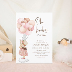 Its a Girl Watercolor Baby Shower Flying Balloon Invitation