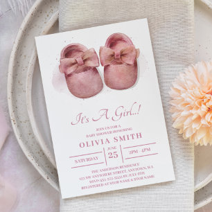 It's a Girl Watercolor Cute Baby Shoes Baby Shower Invitation