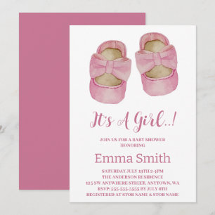 It's a Girl Watercolor Cute Baby Shoes Baby Shower Invitation