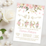 Its A Girl Watercolor Floral Baby Shower Invitation<br><div class="desc">Girl watercolor floral pink and gold baby shower invitation with pretty watercolor flowers and gold floral Its a Girl words. This elegant pink and gold baby shower invitation is easily customized with your text. You can also add a background colour to the front and back.</div>