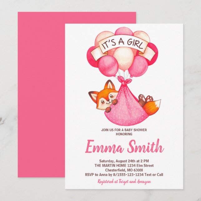 It's a Girl Watercolor Fox Baby Shower Invitation (Front/Back)