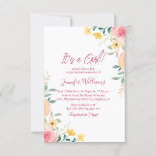 its a girl, watercolor pink floral baby shower  invitation