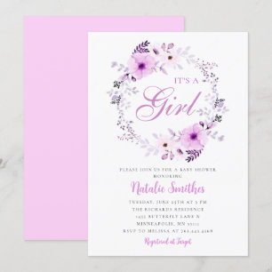 Its A Girl Watercolor Purple Floral Baby Shower    Invitation