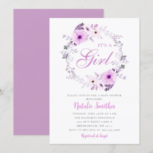 Its A Girl Watercolor Purple Floral Baby Shower    Invitation