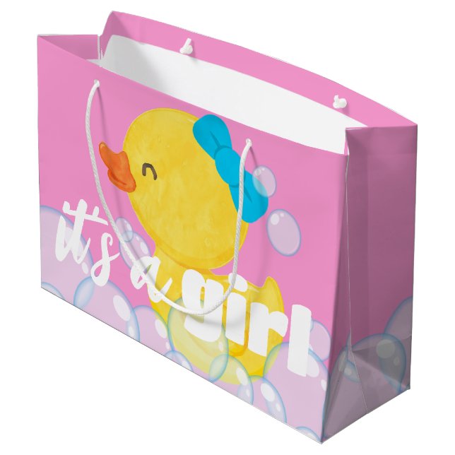It's a Girl Watercolor Rubber Ducky Large Gift Bag (Back Angled)