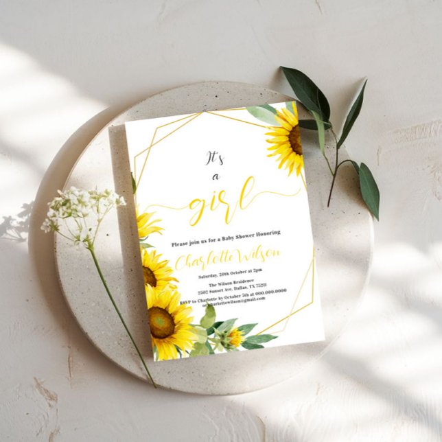 It's a Girl! Watercolor Sunflower Baby Shower Invitation (Creator Uploaded)