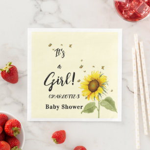 It's a Girl! Watercolor Sunflower with Butterflies Napkin