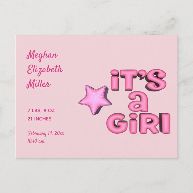 It's A Girl With 3D Pink Star Custom Announcement Postcard (Front)