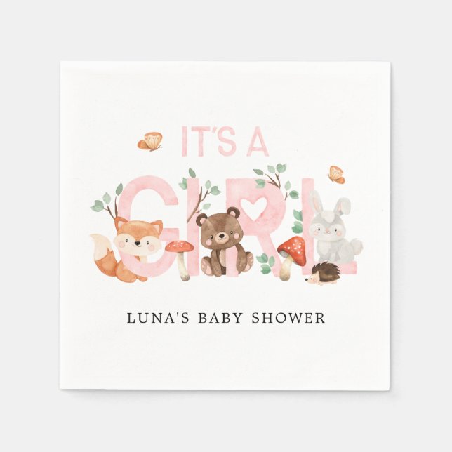 It's a Girl Woodland Baby Shower Personalized Napkin (Front)