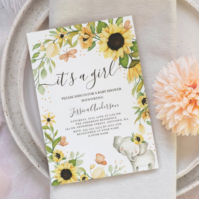 It's A Girl Wreath Sunflower Elephant Baby Shower Invitation (Creator Uploaded)