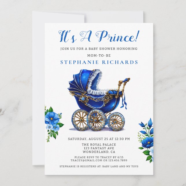 It's A Prince Blue Stroller Baby Shower Invitation (Front)