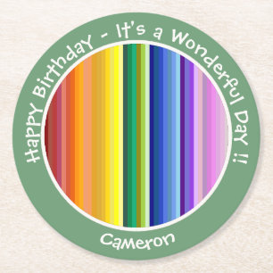 It's a Rainbow Party, Multi-Coloured Stripe Patter Round Paper Coaster