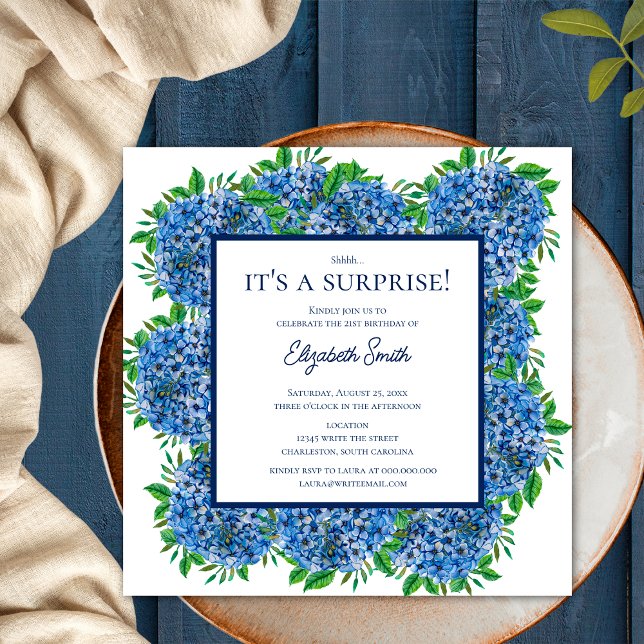 It's a Surprise 21st Birthday Party Blue Hydrangea Invitation (Front)