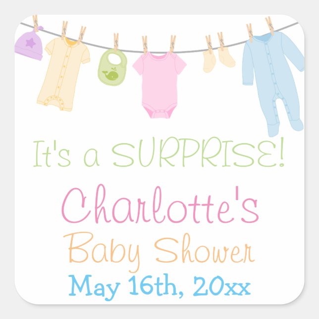 It's A Surprise Little Clothes Baby Shower Party Square Sticker (Front)