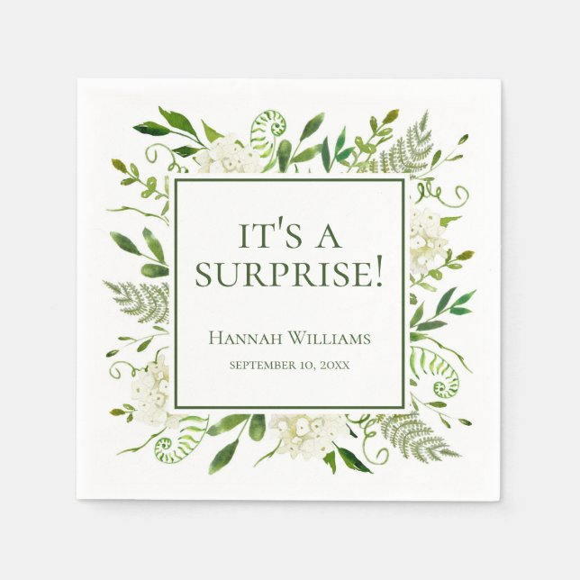 It's A Surprise White Hydrangeas Baby Shower Napkin (Front)