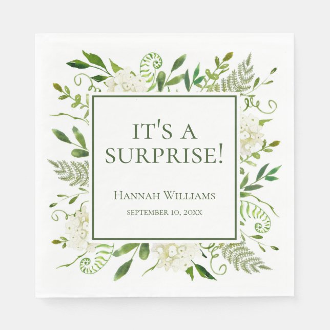 It's A Surprise White Hydrangeas Baby Shower Napkin (Front)
