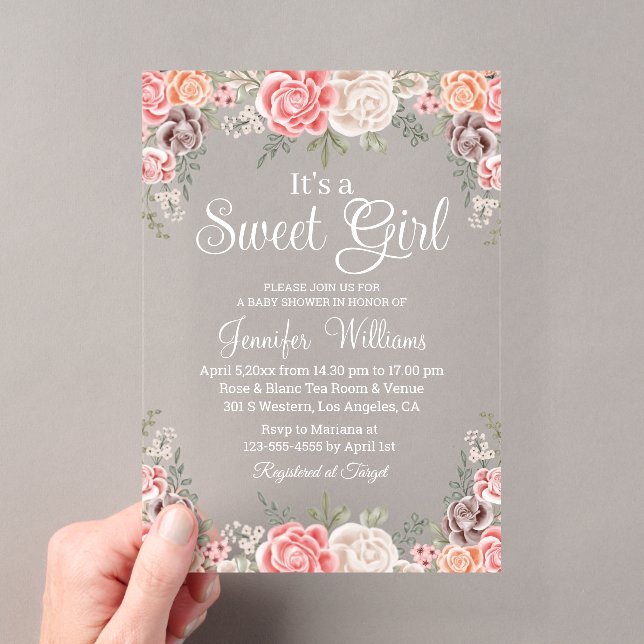 its a sweet girl baby shower boho floral botanical acrylic invitations (Insitu (Handheld))