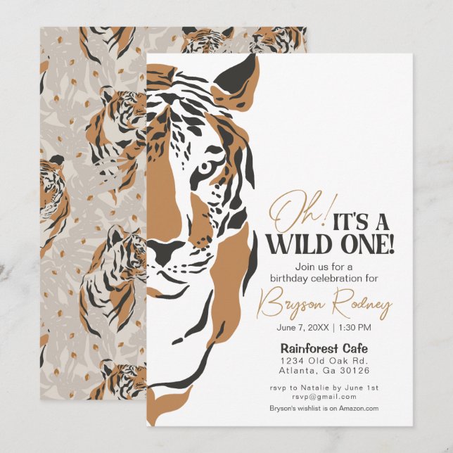 Its a wild one jungle tiger first birthday invite (Front/Back)