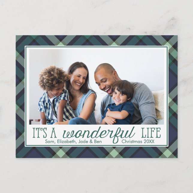 It's a Wonderful Life | Green and Navy Tartan Holi Holiday Postcard (Front)