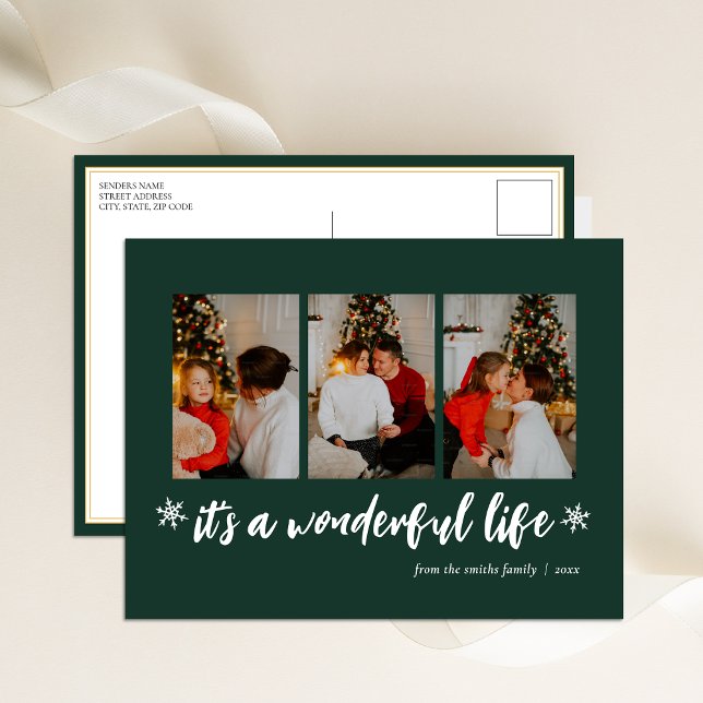 It's A Wonderful Life Green Christmas 3 Photo Holiday Postcard (Creator Uploaded)