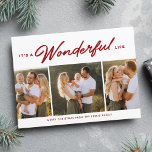 It's a wonderful life three photo red Christmas Holiday Card<br><div class="desc">This festive red holiday card features a unique "it's a wonderful life" type treatment along with three photos and a custom greeting. The red type colour is classic and coordinates well with a variety of photos. This holiday card is great as a family Christmas card, a couple's Christmas card and...</div>