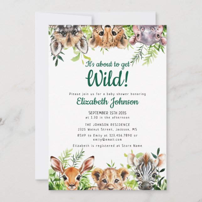 It's About To Get Wild Safari Animals Baby Shower Invitation (Front)