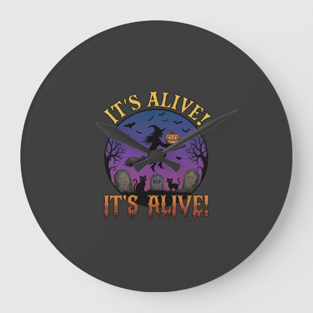 Its Alive Halloween Witch Pumpkin Black Cat Tombst Large Clock (Front)