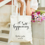 It's All Happening Script Wedding Tote Bags<br><div class="desc">It's all happening! When your big day is finally here,  use these pretty totes as wedding favours,  bridal party gift bags,  rehearsal dinner favours,  welcome bags,  etc. Customize with your name and date!</div>