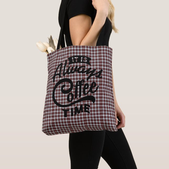 It's Always Coffee Time Plaid Tote Bag (Close Up)