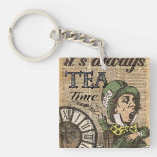 "It's always tea time" Mad Hatter Dictionary Art Keychain