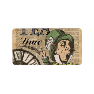 "It's always tea time" Mad Hatter Dictionary Art Label