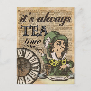 "It's always tea time" Mad Hatter Dictionary Art Postcard