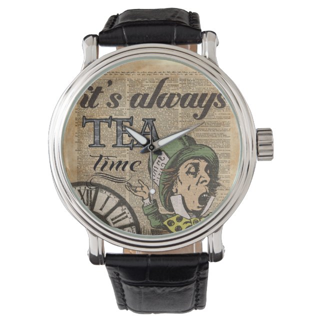 "It's always tea time" Mad Hatter Dictionary Art Watch (Front)