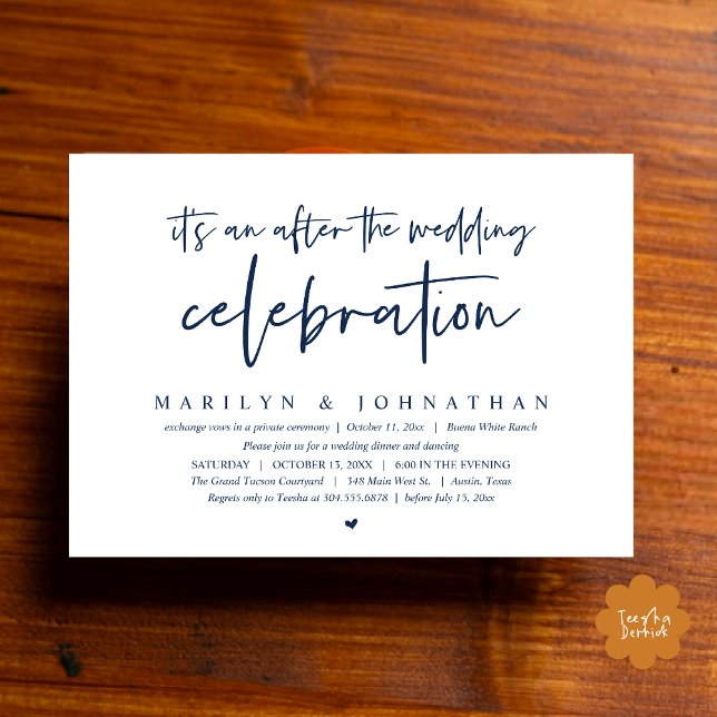 It's an after the wedding celebration, dinner invitation (It's an after the wedding party, Modern Romantic Dinner Celebration Invitation Card PDF Navy Blue)
