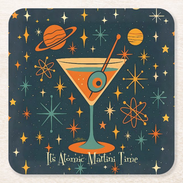 Its Atomic Martini Time Cosmic Stars Square Paper Coaster (Front)