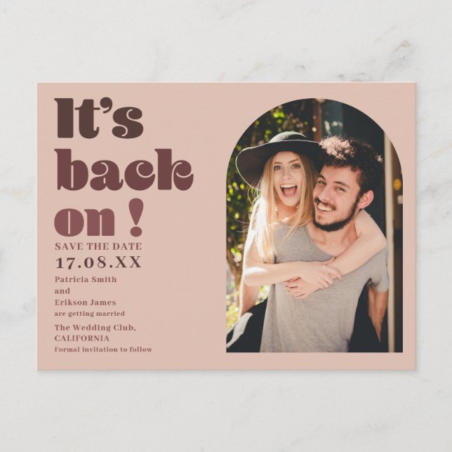 It's back on blush red script photo save the date postcard (Front)