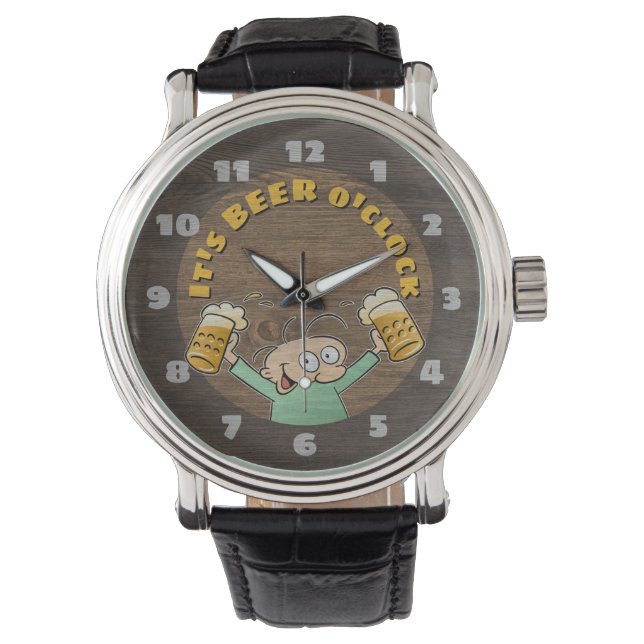 It's Beer O'Clock Dark Wood Texture Cartoon Pints Watch (Front)