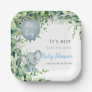 It's boy! Cute little elephant baby with balloon Paper Plate