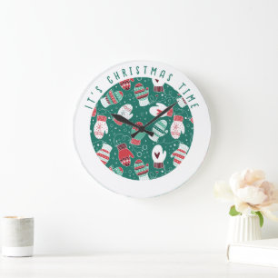 It's Christmas Time Cozy Mittens Pattern in Green Large Clock