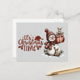 It's Christmastime Snowman Holding Gift and Mouse Postcard