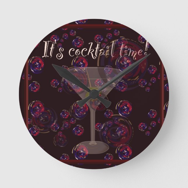 It's cocktail time, fun martini bubbles pattern round clock (Front)