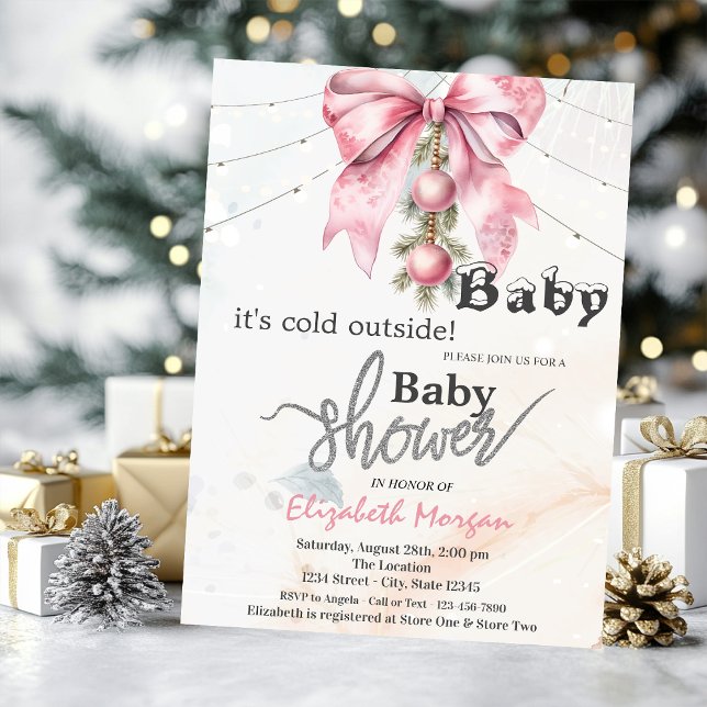 It's Cold Outside Bow Balls Lights Baby Shower Invitation (Creator Uploaded)